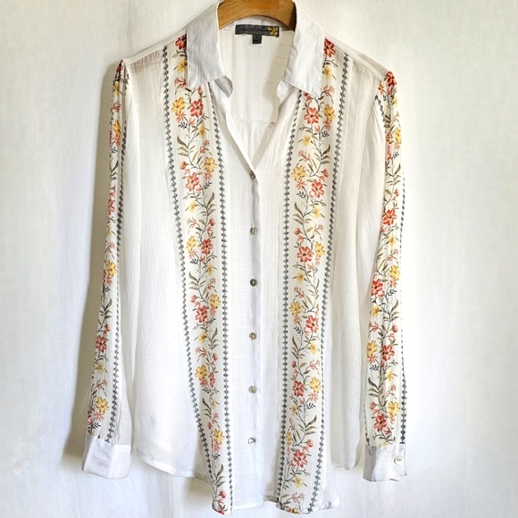 Figueroa & Flower White Long Sleeve Floral Print Button Blouse - Picture 3 of 16